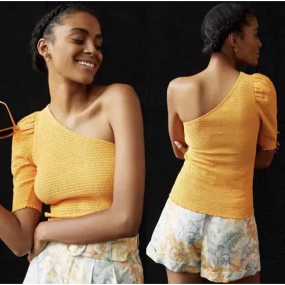 Nation LTD Medium Kirstie Smocked One Shoulder Puff Sleeve Top Mango - Picture 4 of 14